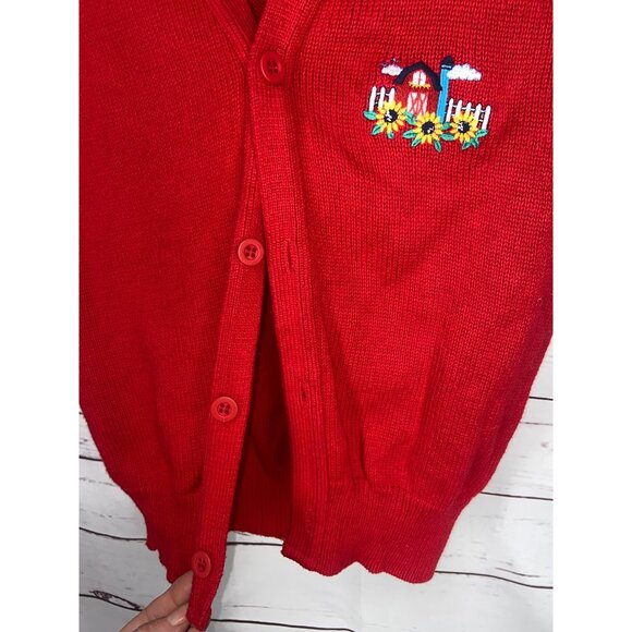 Vintage Fast Friends Red Sleeveless Cardigan Vest With Embroidered Farmhouse Des - Picture 3 of 5